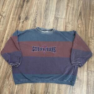 VTG  Guess color block crewneck sweatshirt L Thrashed Grunge Distressed 90s